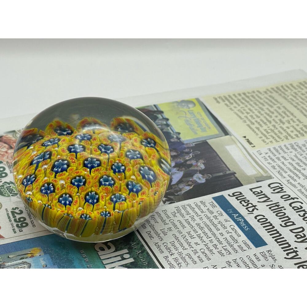 Vintage Art Glass Paperweight W/ Yellow Blue Floral Dome Decorative Glass Weight